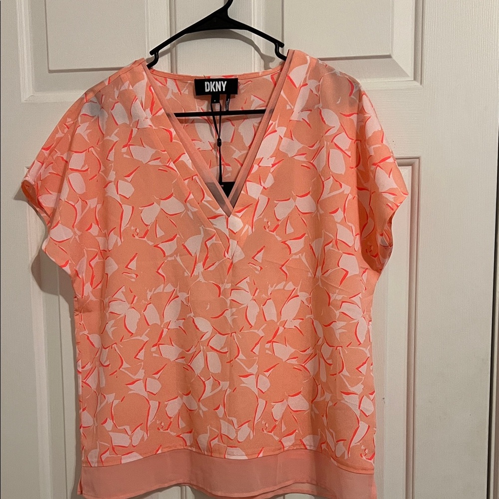 DKNY Women's Coral Patterned V-Neck Blouse